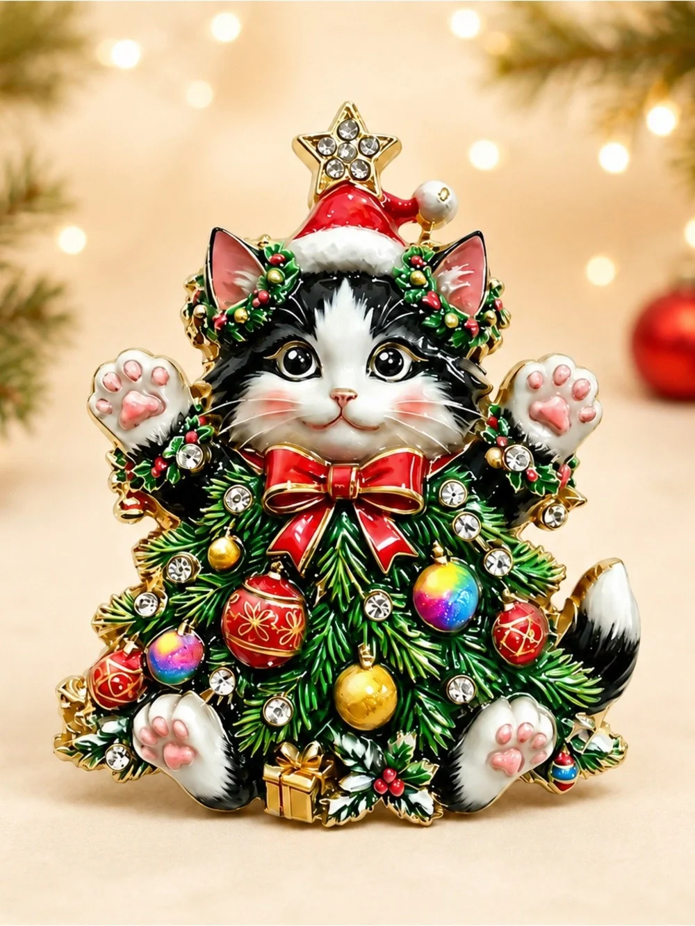 Cozy Christmas Cat Gold Tree Brooch